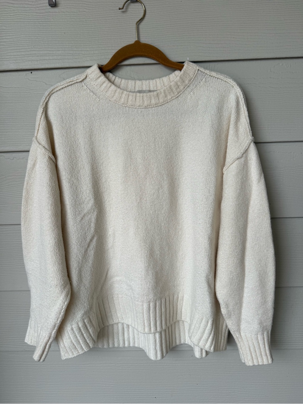 LOFT Cream Ribbed-Hem Crewneck Sweater
